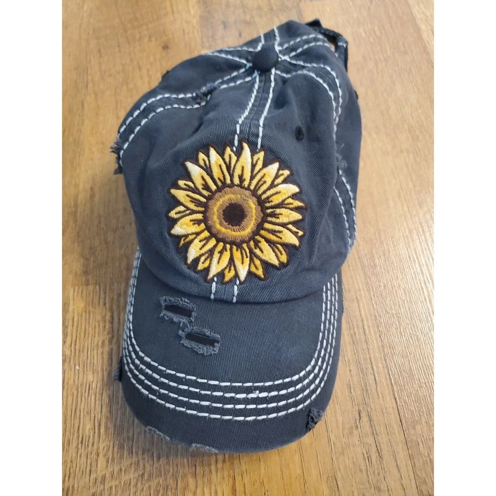 Sunflower Strapback Baseball Cap Gray One Size Adjustable Embroidered Distressed